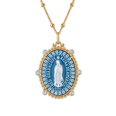 Frank Ronay Collection Blue Agate and Cubic Zirconia 30X23MM 26-inch Guadalupe Pendant in 18KT Yellow Gold Plated Sterling Silver
