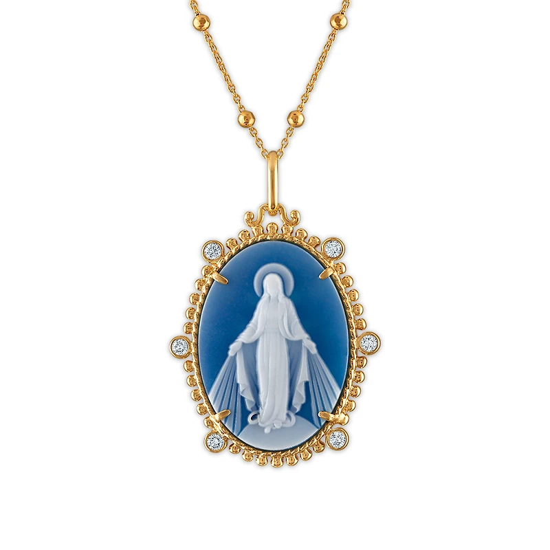 Frank Ronay Collection Blue Agate and Cubic Zirconia 25X18MM 20-inch Virgen Milagrosa Pendant in 18KT Yellow Gold Plated Sterling Silver