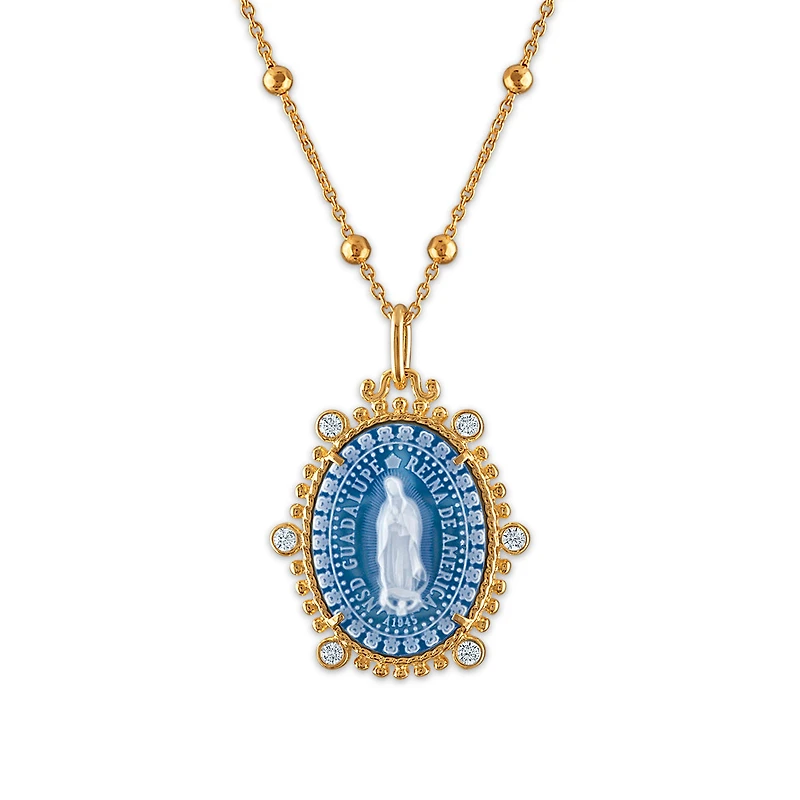 Frank Ronay Collection Blue Agate and Cubic Zirconia 20X16MM 18-inch Guadalupe Pendant in 18KT Yellow Gold Plated Sterling Silver