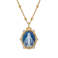 Frank Ronay Collection Blue Agate and Cubic Zirconia 20X16MM 18-inch Virgen Milagrosa Pendant in 18KT Yellow Gold Plated Sterling Silver