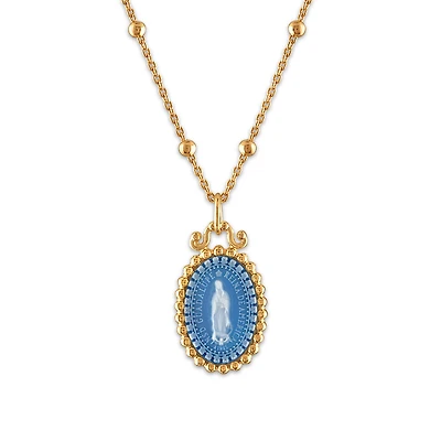 Frank Ronay Collection Blue Agate 15X10MM 18-inch Guadalupe Pendant in 18KT Yellow Gold Plated Sterling Silver