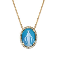 Frank Ronay Collection Blue Agate and Cubic Zirconia 20X15MM 18-inch Virgen Milagrosa Pendant in 18KT Yellow Gold Plated Sterling Silver