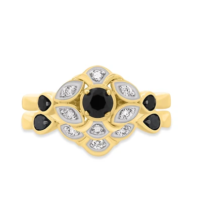 My Trio Rings Soraya 2/3 Carat T.W. Black Diamond (Treated) Round Solitaire Bridal Set in 10KT Yellow Gold