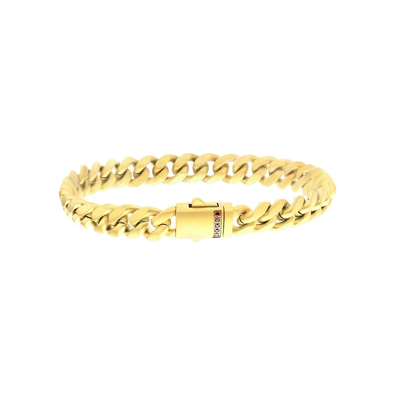 Inox Gold IP Stainless Steel 8.5-inch 8MM Miami Cuban Link Bracelet with Black Sapphire