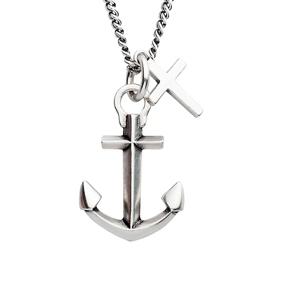 Inox Sterling Silver Oxidized 22-inch Anchor and Cross Pendant