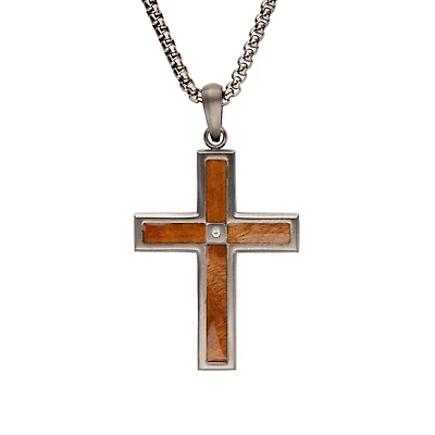 Inox Stainless Steel 24-inch Cross Pendant with Whiskey Barrel Wood Inlay and Lab Grown Diamond Accent