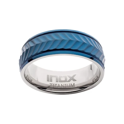 Inox Blue IP Titanium Matte Finish Chevron Comfort Fit Ring. Size 10
