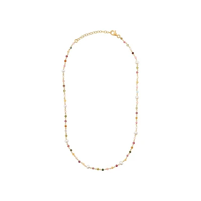 Pearl and Tourmaline 18-inch Necklace in Yellow Gold Plated Sterling Silver