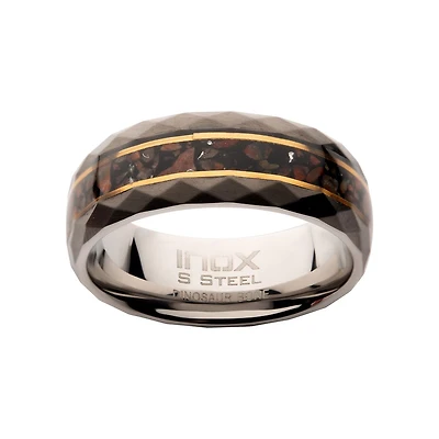 Inox Stainless Steel Ring with Dinosaur Bone Inlay and Thin 18KT Gold IP Lines. Size 9