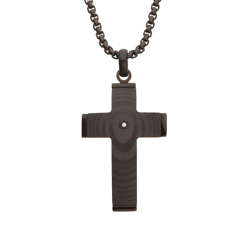 Inox Solid Carbon Fiber Natural Diamond Accent 24-inch Cross Pendant
