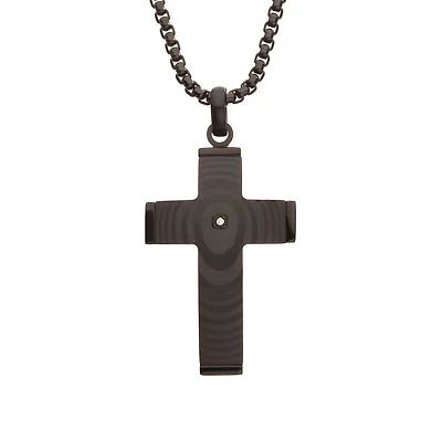 Inox Solid Carbon Fiber Natural Diamond Accent 24-inch Cross Pendant