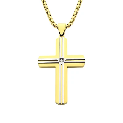 Inox 18KT Gold IP Stainless Steel Lab Grown Diamond Accent 24-inch Cross Pendant
