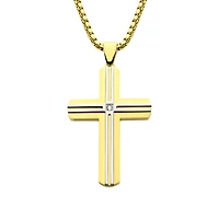 Inox 18KT Gold IP Stainless Steel Lab Grown Diamond Accent 24-inch Cross Pendant