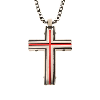 Inox Red IP Stainless Steel  24-inch Dante Cross Pendant