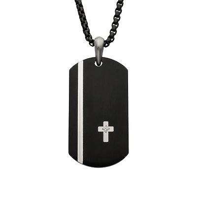 Inox Black IP Stainless Steel Lab Grown Diamond Accent 24-inch Dog tag with Cross Inlay