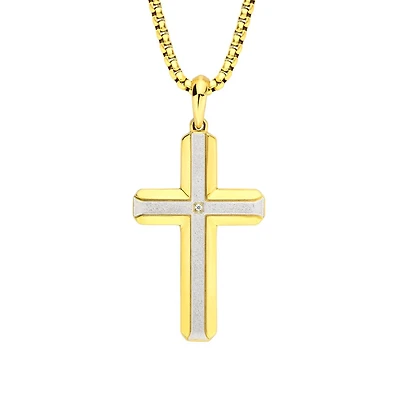 Inox 18KT Gold IP Brushed Finish Stainless Steel Lab Grown Diamond Accent 24-inch Cross