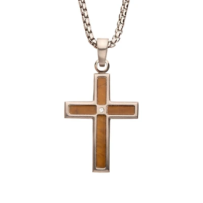 Inox Stainless Steel Tiger Eye Stone Inlay and Lab Grown Diamond Accent 22-inch Cross Pendant