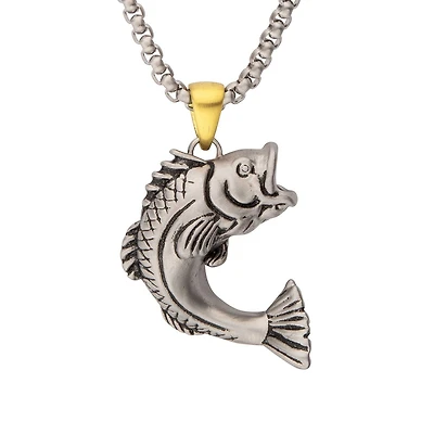 Inox Antiqued Matte Finish Stainless Steel  24-inch Largemouth Bass Pendant