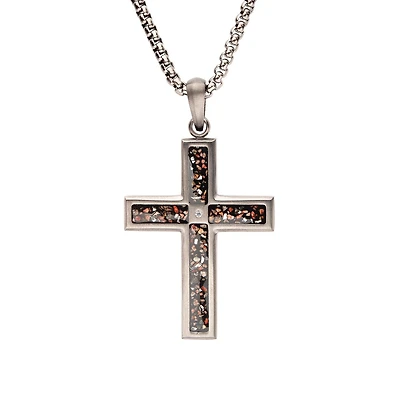 Inox Stainless Steel 24-inch Cross Pendant with Black Dinosaur Bone Inlay and Lab Grown Diamond Accent