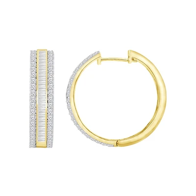 2 CTW Natural Diamond Hoop Earrings in 10KT Yellow Gold Plated Sterling Silver
