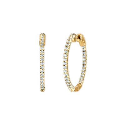 1 CTW Natural Diamond In & Out Hoop Earrings in 14KT Yellow Gold Plated Sterling Silver