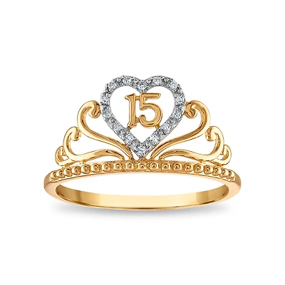 Diamond Accent Quinceanera Heart Crown Ring in 10KT Yellow Gold