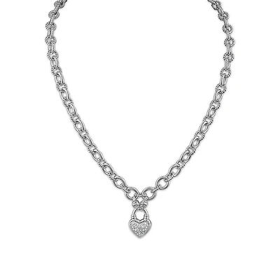 1/7 CTW Natural Diamond Heart Cuban Link 18-inch Necklace in Rhodium Plated Sterling Silver