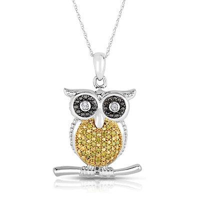 1/8 CTW Natural Diamond Owl 18-inch Pendant in Sterling Silver