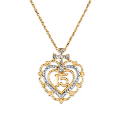 Diamond Accent 18-inch Quinceanera Heart Cross Pendant in 10KT Yellow Gold
