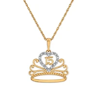 Diamond Accent 18-inch Quinceanera Heart Crown Pendant in 10KT Yellow Gold