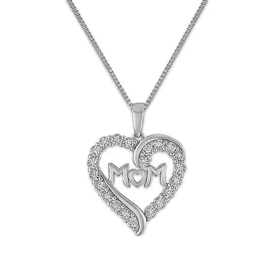 1/10 CTW Natural Diamond Heart Mom 18-inch Pendant in Rhodium Plated Sterling Silver