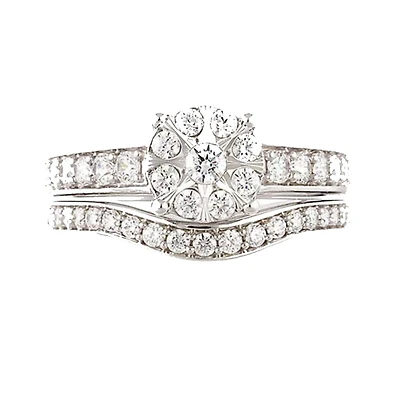 1 CTW Natural Diamond Cluster Bridal Set Ring in 10KT White Gold