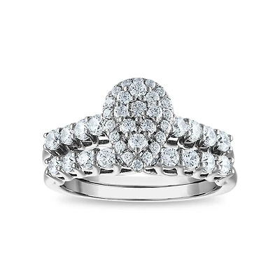 1 CTW Natural Diamond Cluster Bridal Set Ring in 10KT White Gold