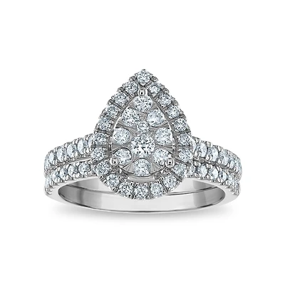 1 CTW Natural Diamond Halo Cluster Bridal Set Pear Shaped Ring in 10KT White Gold