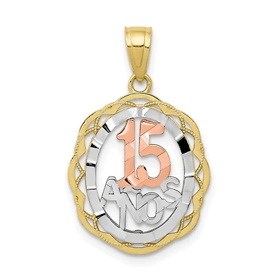 10KT Gold Tri-Color 20X16MM Quinceanera 15 Anos Pendant. Chain Not Included