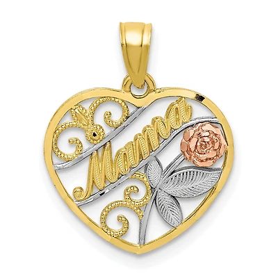 10KT Gold Tri-Color Diamond-cut Heart Mama Pendant. Chain Not Included