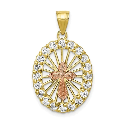 10KT White and Yellow Gold Cubic Zirconia 30X16MM Diamond-cut Cross Pendant. Chain Not Included