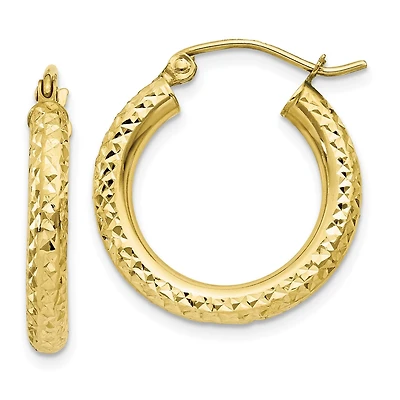 10KT Yellow Gold 15X3MM Diamond-cut Hoop Earrings