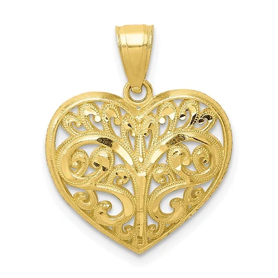 10KT Yellow Gold Diamond-cut Filigree Heart Pendant. Chain Not Included