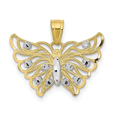 10KT Yellow Gold With Rhodium Plating 18X19MM Diamond-cut Butterfly Pendant. Chain Not Included