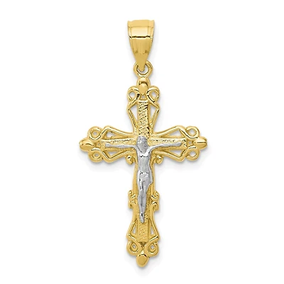 10KT Yellow Gold With Rhodium Plating 35X19MM Crucifix Cross Pendant. Chain Not Included