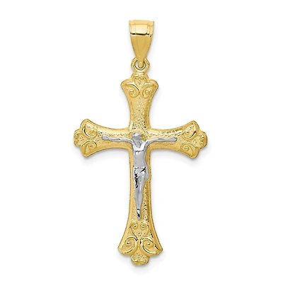 10KT Yellow Gold With Rhodium Plating 35X21MM Fleur De Lis Crucifix Cross Pendant. Chain Not Included