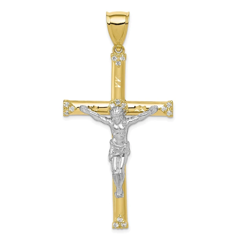 10KT Yellow Gold With Rhodium Plating Cubic Zirconia 60X31MM Diamond-cut Crucifix Cross Pendant. Chain Not Included