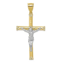 10KT Yellow Gold With Rhodium Plating Cubic Zirconia 60X31MM Diamond-cut Crucifix Cross Pendant. Chain Not Included