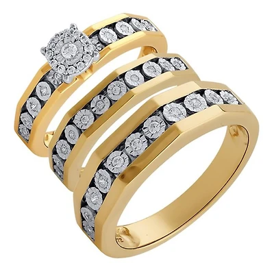 1/3 CTW Natural Diamond Halo Wedding Trio Set in 10KT White and Yellow Gold