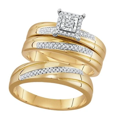 1/5 CTW Natural Diamond Halo Wedding Trio Set in 10KT Yellow Gold