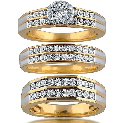 3/8 CTW Natural Diamond Halo Wedding Trio Set in 10KT White and Yellow Gold
