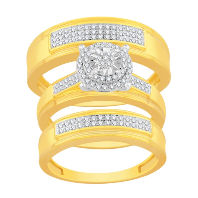 3/8 CTW Natural Diamond Halo Wedding Trio Set in 10KT Yellow Gold