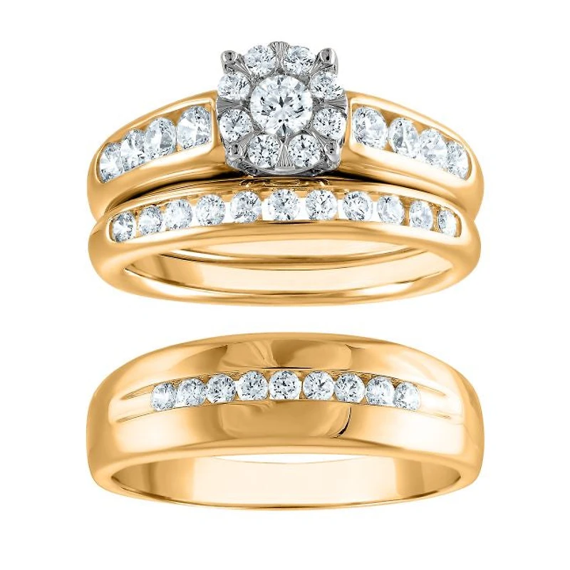1-1/4 CTW Natural Diamond Halo Wedding Trio Set in 10KT White and Yellow Gold
