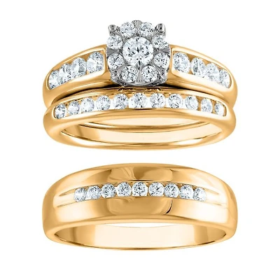 1-1/4 CTW Natural Diamond Halo Wedding Trio Set in 10KT White and Yellow Gold